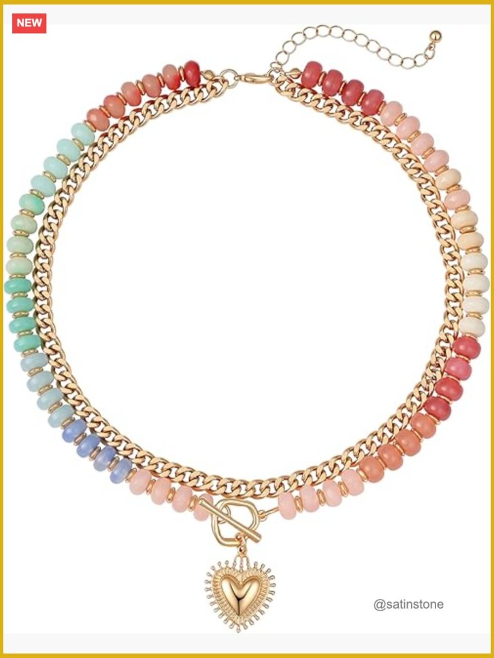 14K Gold Plated Layered Heart Pendant & Acrylic Beaded Choker Necklace,